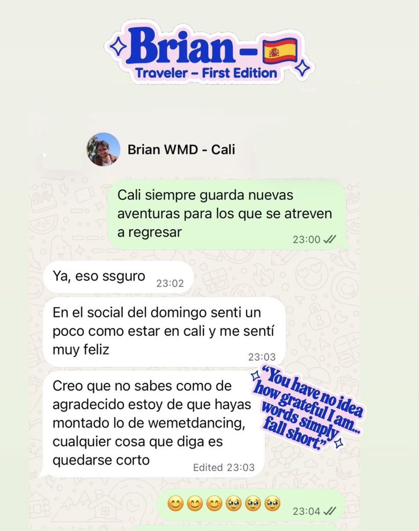 Mensajes de Brian, viajero de España, agradeciendo el viaje de We Met Dancing